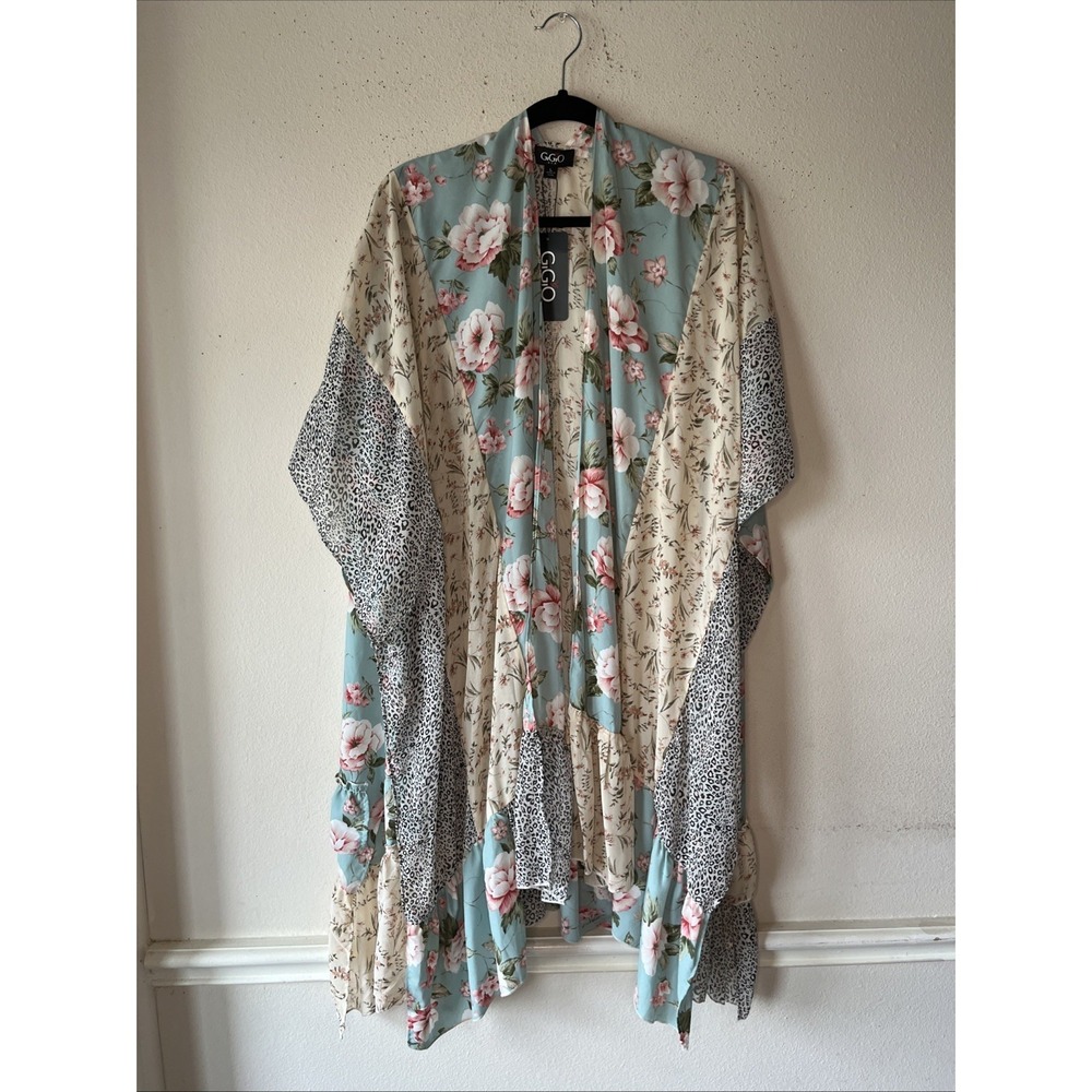 Gigio boho floral patchwork kimono gypsy boho duster oversize ruffle hem L New